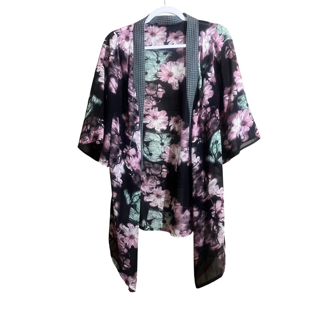 Mark. Floral Kimono Wrap Sheer Black Pink Open Front Cardigan Coverup L/XL